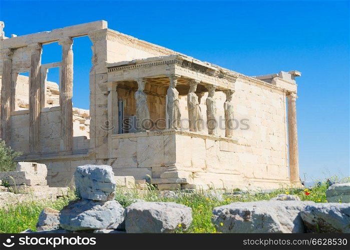 details of famous facade of Erechtheion temple in Acropolis of Athens, Greece. Erechtheion temple in Acropolis of Athens