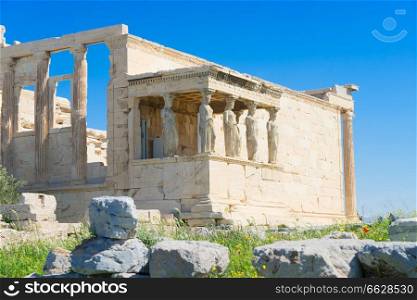 details of famous facade of Erechtheion temple in Acropolis of Athens, Greece. Erechtheion temple in Acropolis of Athens