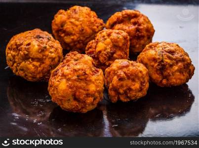 Details of fresh fried meatballs with spices. homemade food.