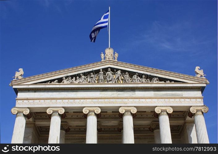 Details of frieze and ionic columns of the neoclassical Academy of Arts in Athens, Greece.