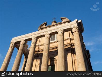 Details of remains and ruins in Ancient Rome Italy showing Temple of Antoninus and Faustina