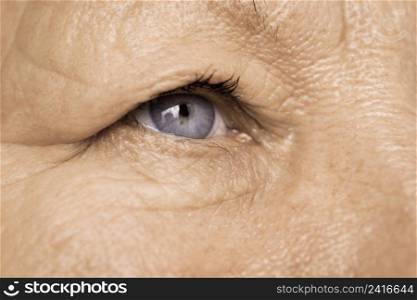 Details of senior woman face. Elderly pensioner female eye detailed close up.. Elderly pensioner female eye closeup