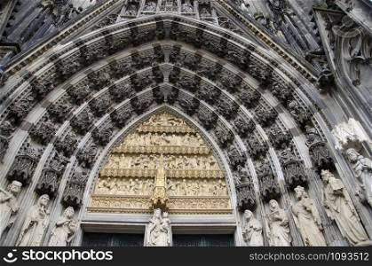 Details of stone figures on the facade of the cathedral, Cologne, North Rhine Westphalia, Germany, Europe