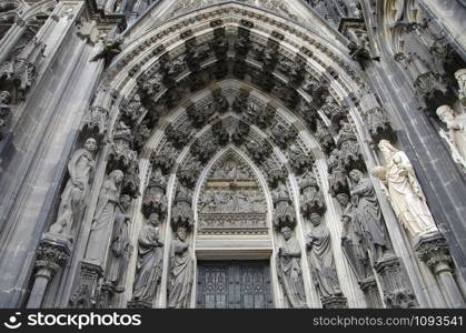 Details of stone figures on the facade of the cathedral, Cologne, North Rhine Westphalia, Germany, Europe