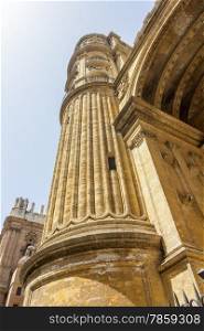 Details of the curious cylindrical towers of the Cathedral of the Incarnation in Malaga, Spain