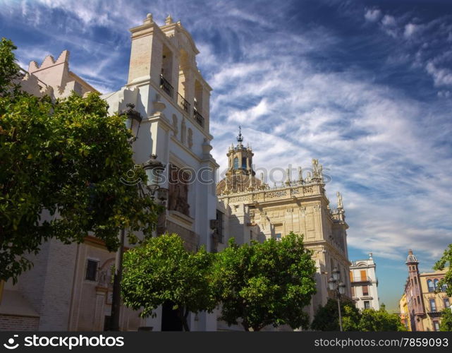 Details of the facade of the cathedral of Santa Maria La Giralda in Seville, Spain