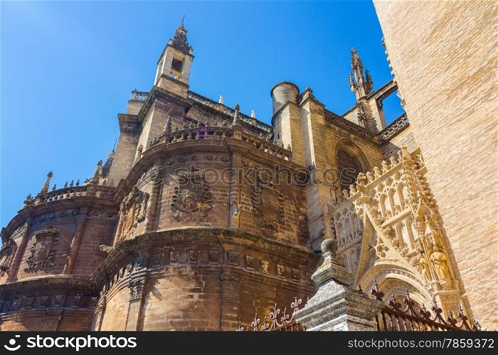 Details of the facade of the cathedral of Santa Maria La Giralda in Seville, Spain