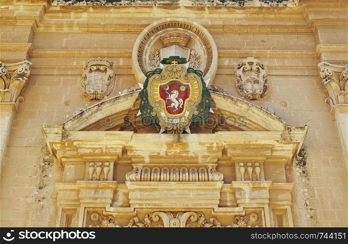 Details over the front door of the Metropolitan Cathedral of Saint Paul in Mdina, Malta