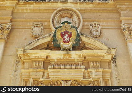 Details over the front door of the Metropolitan Cathedral of Saint Paul in Mdina, Malta