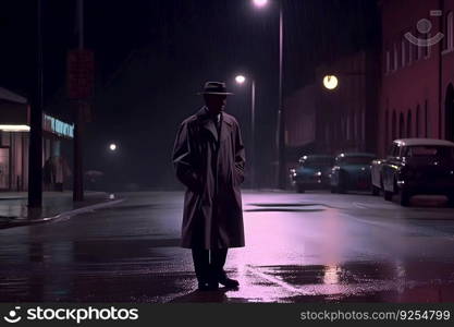 Detective in the rain in the night city. Neural network AI generated art. Detective in the rain in the night city. Neural network AI generated