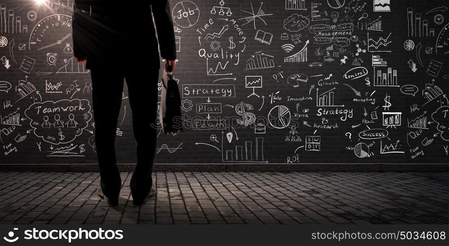 Determined and goal oriented. Rear view of businessman with suitcase looking at business ideas on wall