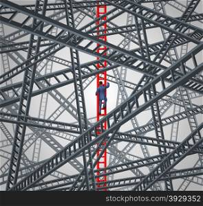 Determined focus business concept with a courageous businessman climbing up a red success ladder while avoiding the chaos of confusing and dangerous distractions as a metaphor of clear direction leadership.