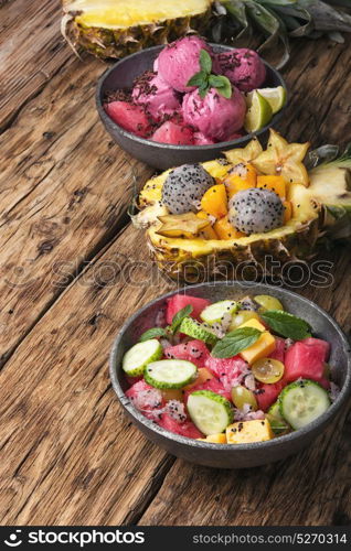 detox salad and icecream. vegetarian fruity salad with watermelon and icecream