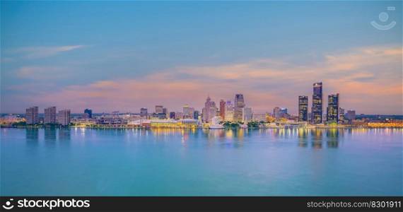 Detroit skyline in Michigan, cityscape of USA at sunset shot from Windsor, Ontario Canada