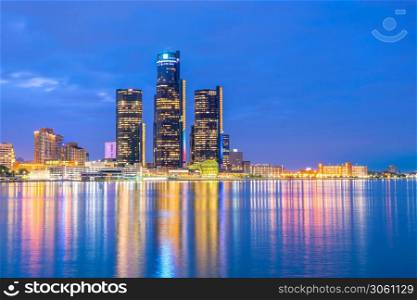 Detroit skyline in Michigan, USA at sunset shot from Windsor, Ontario Canada