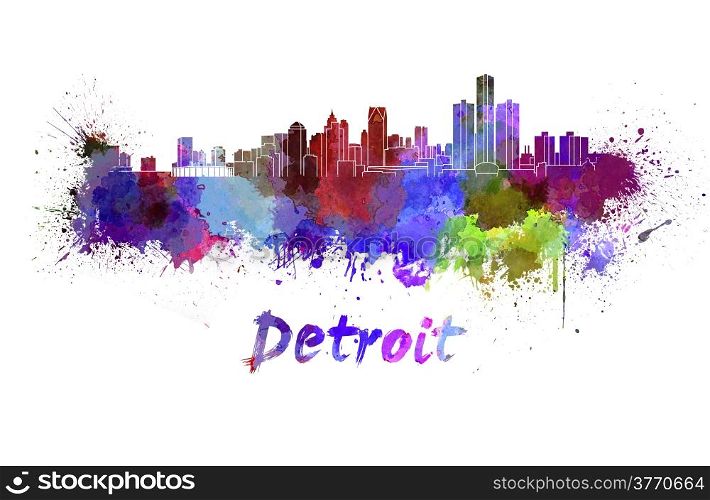 Detroit skyline in watercolor splatters with clipping path. Detroit skyline in watercolor