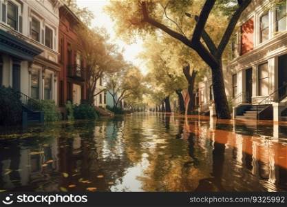 Devastating Hurricane floods city streets, leaving a trail of destruction and chaos. Homes are submerged in water. Generative AI. Hurricane aftermath flood in the city 