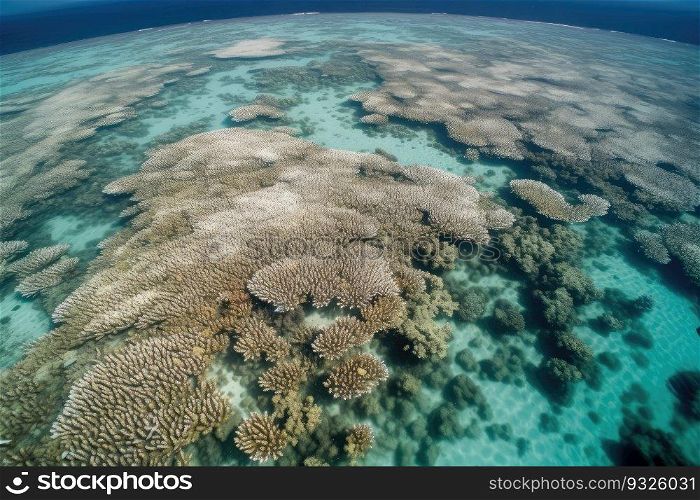 Devastation caused by El Nino on coral reefs. This aerial view shows the extent of coral bleaching and the impact of climate change on marine life. Generative AI.. Aerial View of El Nino Caused Coral Bleaching Disaster. Generative AI.