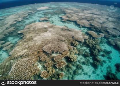 Devastation caused by El Nino on coral reefs. This aerial view shows the extent of coral bleaching and the impact of climate change on marine life. Generative AI.. Aerial View of El Nino Caused Coral Bleaching Disaster. Generative AI.