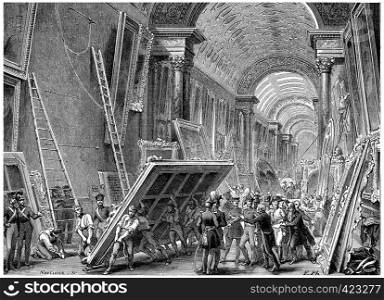 Devastation of the Louvre Museum, vintage engraved illustration. History of France ? 1885.