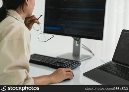 Developer programmer checking code on monitor while programming to developing web and application.