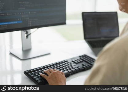 Developer programmer programming code to developing website and application in software office.