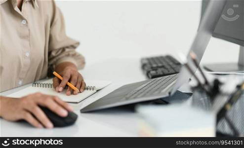 Developer programmer use mouse and checking code on laptop while programming to developing website.