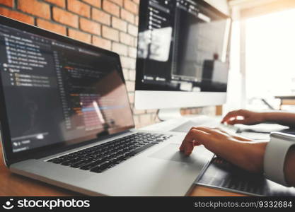 Developing Concentrated programmer reading computer codes Development Website design and coding technologies.