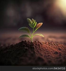  Developing plant, Young plant with ground backdrop and dawn light, New life idea. Springtime sees little plants on the ground created by AI