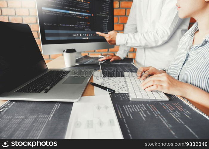 Developing programmer team reading computer codes Development Website design and coding technologies.
