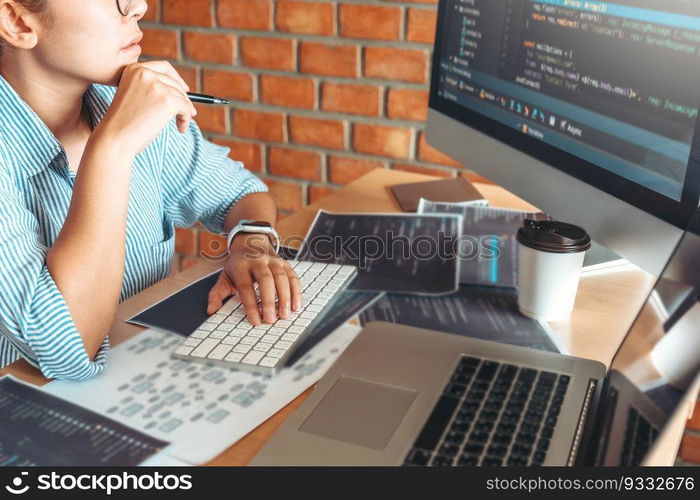 Developing programmer team reading computer codes Development Website design and coding technologies.