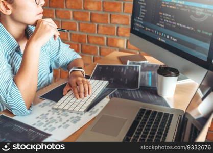 Developing programmer team reading computer codes Development Website design and coding technologies.