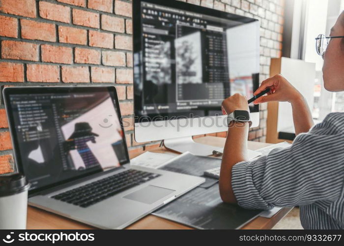 Developing programmer team reading computer codes Development Website design and coding technologies.