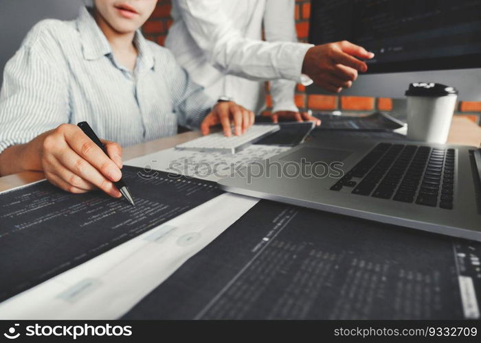 Developing programmer team reading computer codes Development Website design and coding technologies.