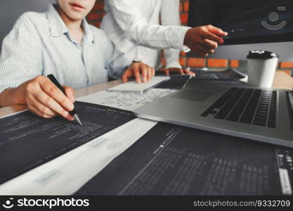 Developing programmer team reading computer codes Development Website design and coding technologies.
