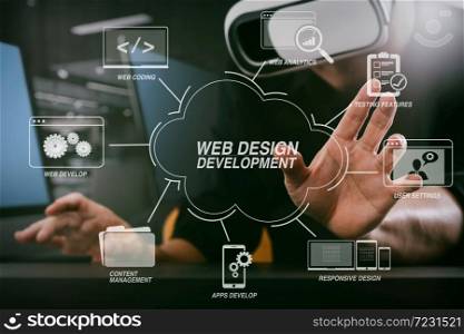 Developing programming and coding technologies with Website design in virtual diagram.businessman wearing virtual reality goggles in modern office with mobile phone using with VR headset