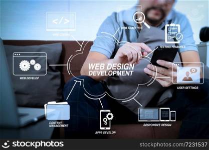Developing programming and coding technologies with Website design in virtual diagram.hipster hand using digital tablet docking keyboard and smart phone for mobile payments online business,omni channel.