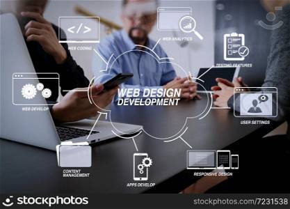 Developing programming and coding technologies with Website design in virtual diagram.co working team meeting concept,businessman using smart phone and digital tablet and laptop computer in modern office
