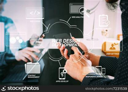 Developing programming and coding technologies with Website design in virtual diagram.co working team meeting concept,businessman using smart phone and digital tablet and laptop computer in modern office