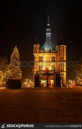 Deventer, December 2013. The inner city around De Waag is decorated with illuminated Christmas trees.