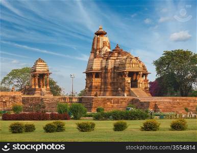 Devi Jagdamba temple and mahadev mandapa on sunrise. Khajuraho, India