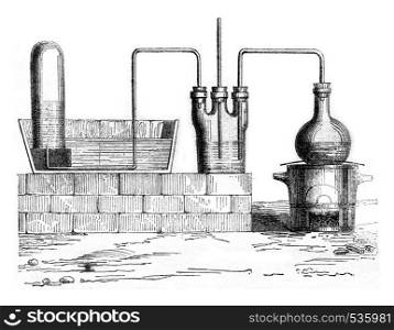 Device to prepare hydrochloric acid, vintage engraved illustration. Magasin Pittoresque 1857.