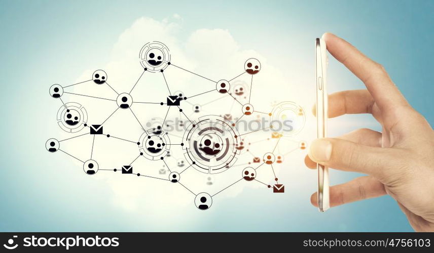 Devices connecting people. Hand holding smartphone and connection lines as social network concept