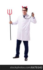 Devil doctor in funny medical concept isolated on white backgrou. Devil doctor in funny medical concept isolated on white background. Devil doctor in funny medical concept isolated on white backgrou