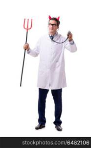 Devil doctor in funny medical concept isolated on white backgrou. Devil doctor in funny medical concept isolated on white background. Devil doctor in funny medical concept isolated on white backgrou