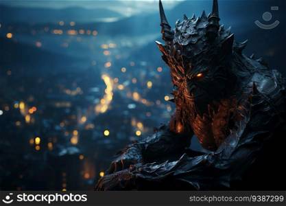 devil figure looking over an urban city by night created by generative AI