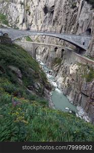 Devil&rsquo;s bridge and river near Andermatt in Switzerland