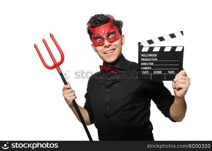 Devil with movie board isolated on white