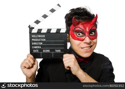 Devil with movie board isolated on white