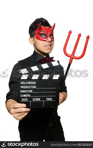 Devil with movie board isolated on white